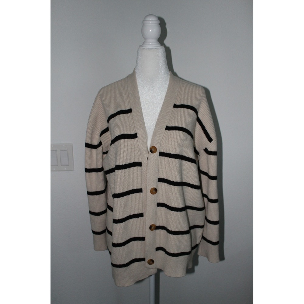 Lillusory Womens Striped Oversized Cardigan‎ Sweater Cream Black V-Neck XS